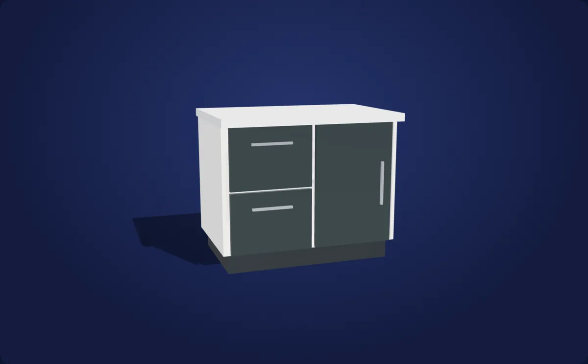 Rendered view of an assembled base cabinet with drawers, a door and a stone worktop