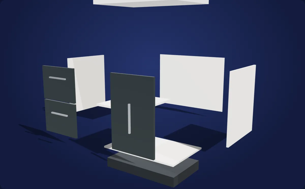Exploded view of the same cabinet: plinth, carcass panels, shelf, drawer fronts, door and worktop separated